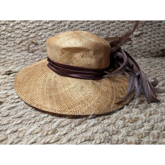 Women\'s Vintage Miss Bierner Straw Fedora Hat Brown Pheasant Feathers NWT! main image 11
